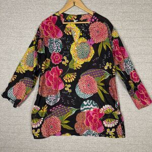 Floral Sz XL Top 3/4 Sleeve Relaxed Fit Black Art Bright Fairy‎ Woven Asian Soft